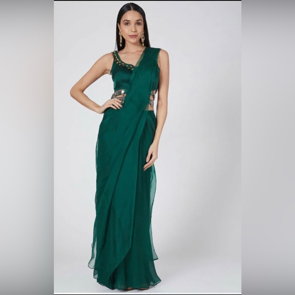 Designer (Ridhima Bhasin) emerald pre-stitch saree with coin work belt